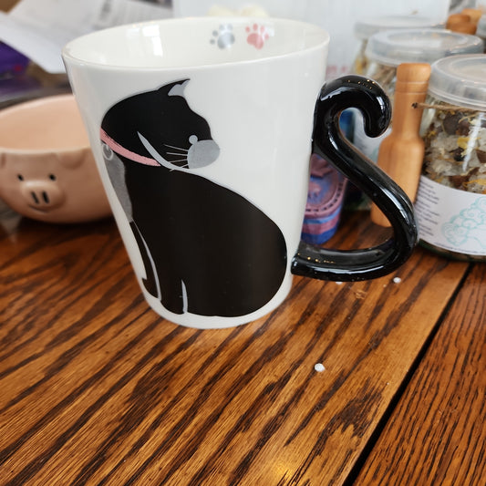 Adorable Ceramic Black Cat with Tail On Handle Coffee Mug