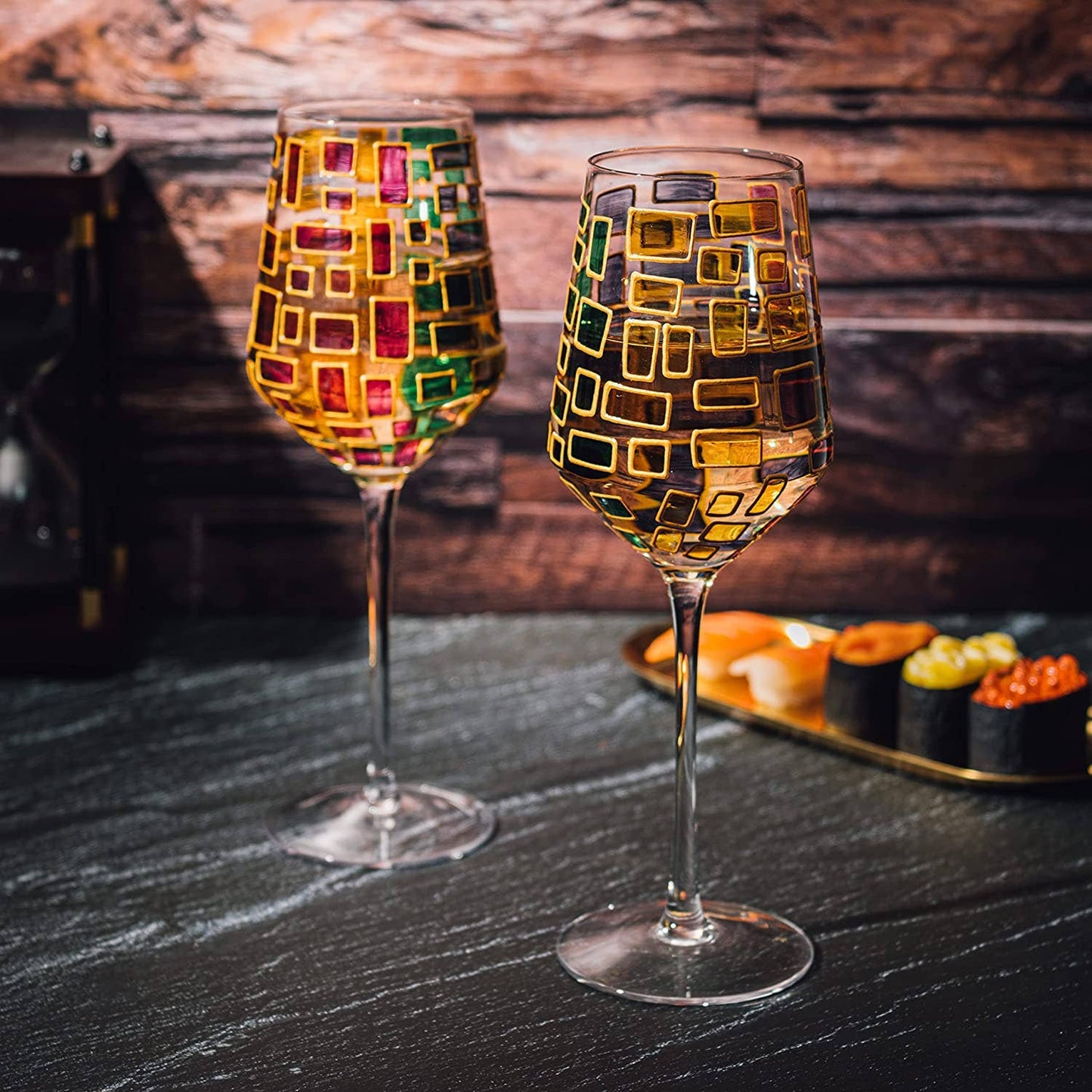 Set of 2 Renaissance Stained Rainbow Stemless Wine Glasses