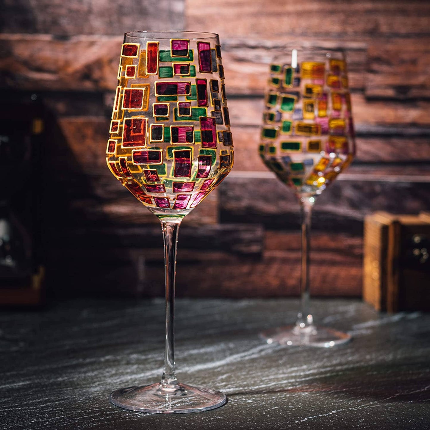 Set of 2 Renaissance Stained Rainbow Stemless Wine Glasses